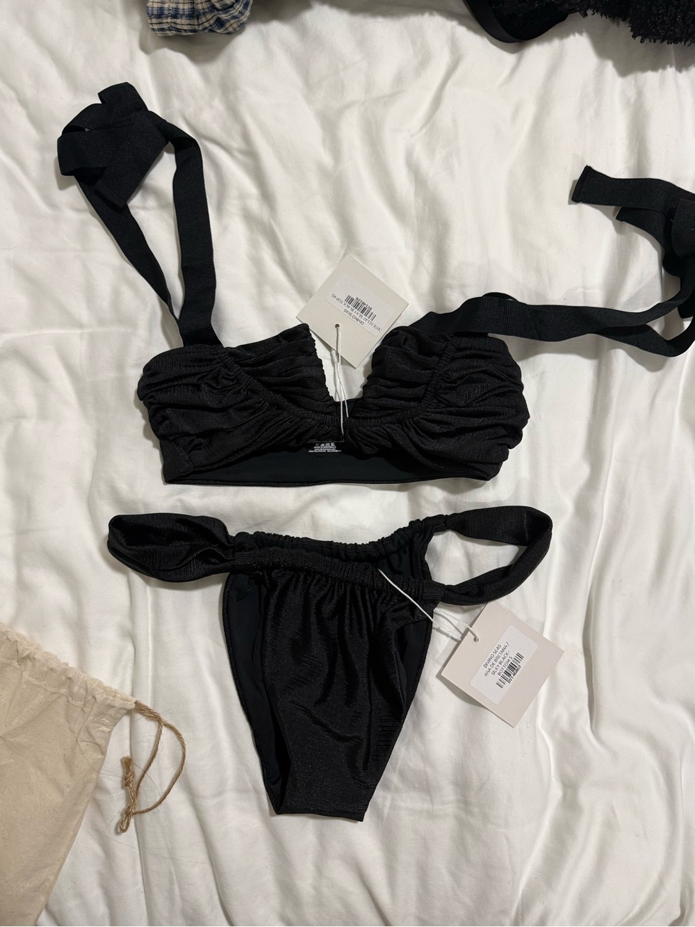 Black Ruched Tie-Shoulder Bikini Set - Women Swim